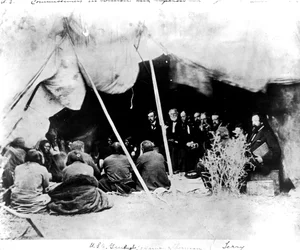 Amerikaanse commissarissen in overleg met Arapahoes en Cheyennes, c.1862